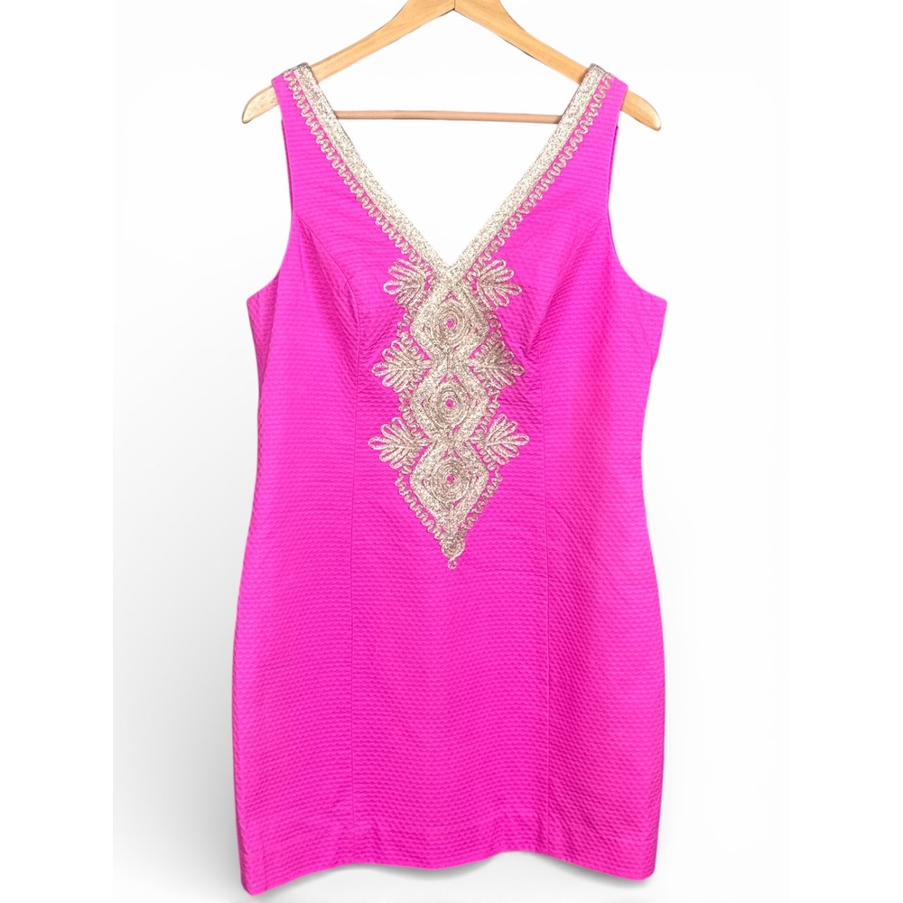Lilly Pulitzer Junie Shift Dress Berry Sangria Pink Gold Embroidered Size 10 NWT